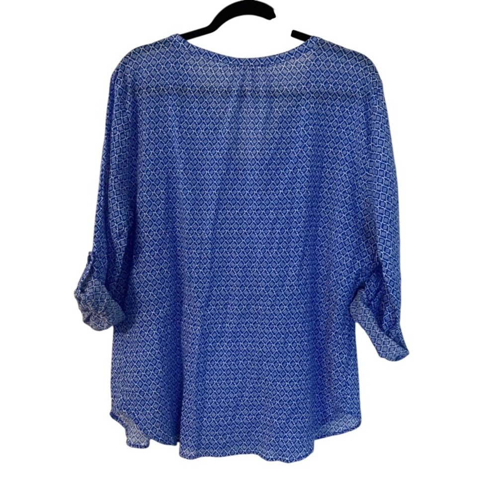 Hester & Orchard XL Blue White Geometric Cotton Roll Tab Pintuck Blouse Boho - Picture 10 of 15
